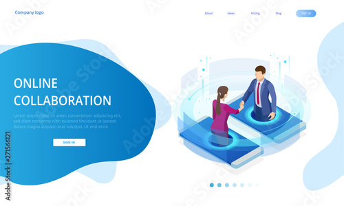 Isometric business handshake, global online collaboration, team collaboration, social network, and headhunting concept. Template landing page.