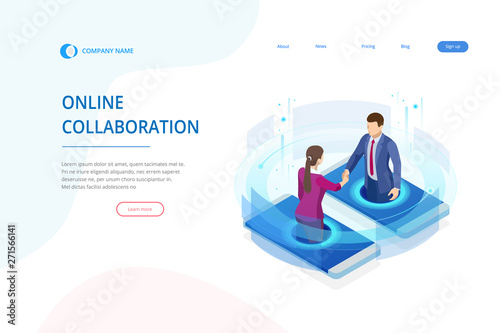 Isometric business handshake, global online collaboration, team collaboration, social network, and headhunting concept. Template landing page.