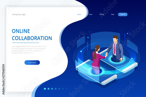 Isometric business handshake, global online collaboration, team collaboration, social network, and headhunting concept. Template landing page.