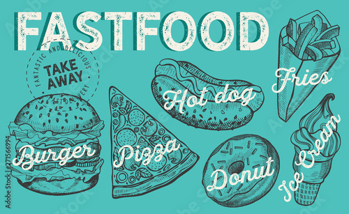 Fast food illustrations, burger, pizza, donut for restaurant.