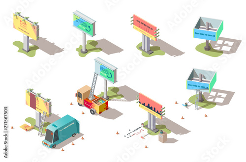 Isometric billboards, advertising street media banners and cars set. Signboards, large outdoor ads structure for marketing and business information promo offers presenting, 3d vector illustration