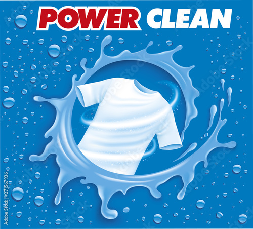 Laundry detergent ad poster. Stain remover package design for advertising with soap bubbles. Washing detergent banner with clean shirt on blue background. Vector illustration