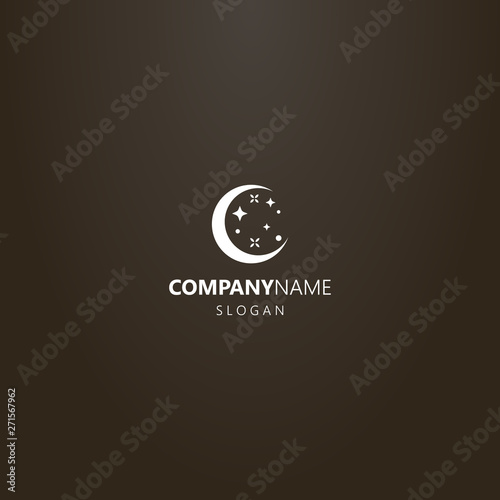white logo on a black background. simple vector flat art logo of a round young moon with stars
