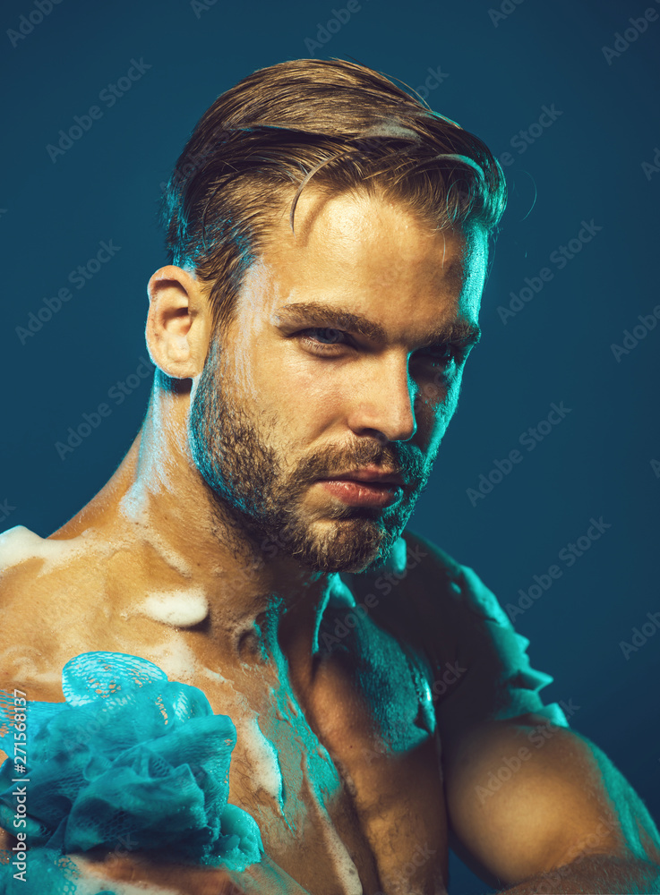 Relaxing time. Refreshing shower. Man are taking shower in bathroom