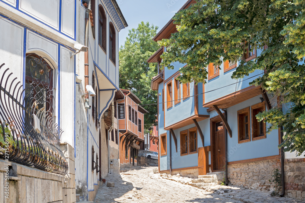 Street and Nineteenth Century Houses in The old town in city of Plovdiv, Bulgaria - obrazy, fototapety, plakaty 