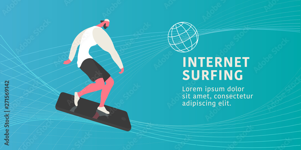 Young modern man riding a phone as a board while internet surfing