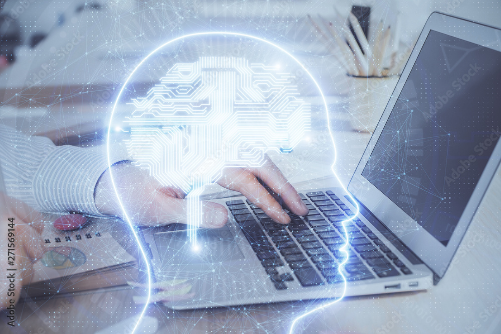 Man typing on keyboard background with brain hologram. Concept of big Data. Double exposure. Man typing on keyboard background with brain hologram. Concept of big Data. Double exposure.
