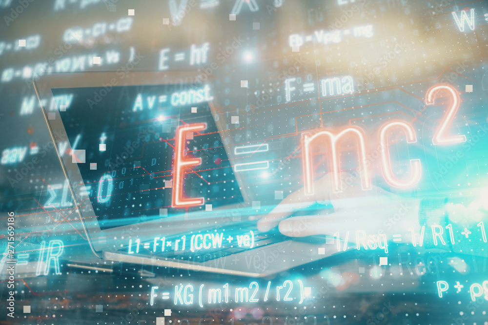 Fototapeta premium Science formula hologram with man working on computer on background. Education concept. Double exposure.