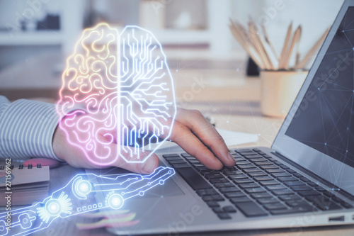 Man typing on keyboard background with brain hologram. Concept of big Data. Double exposure.