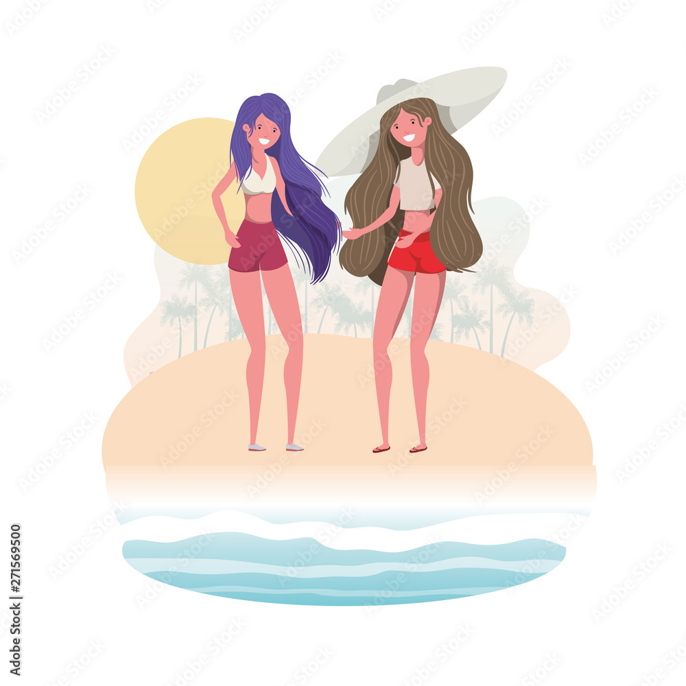 women standing with swimsuit in beach women standing with swimsuit in beach