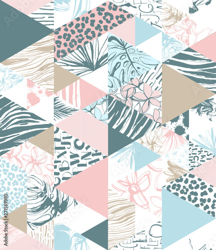 Seamless triangle pattern Tropical birds, palms, flowers. Grunge ink style.