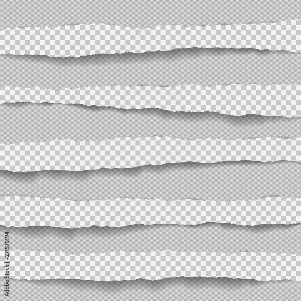 Set of torn, ripped, squared horizontal paper strips with soft shadow are on grey background. Vector template illustration Set of torn, ripped, squared horizontal paper strips with soft shadow are on grey background. Vector template illustration