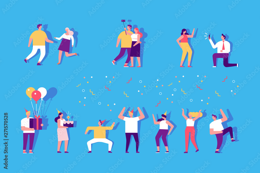 Birthday party with cake and colorful balloons. People dancing and having fun. Friendship. Celebration. Flat vector illustration.