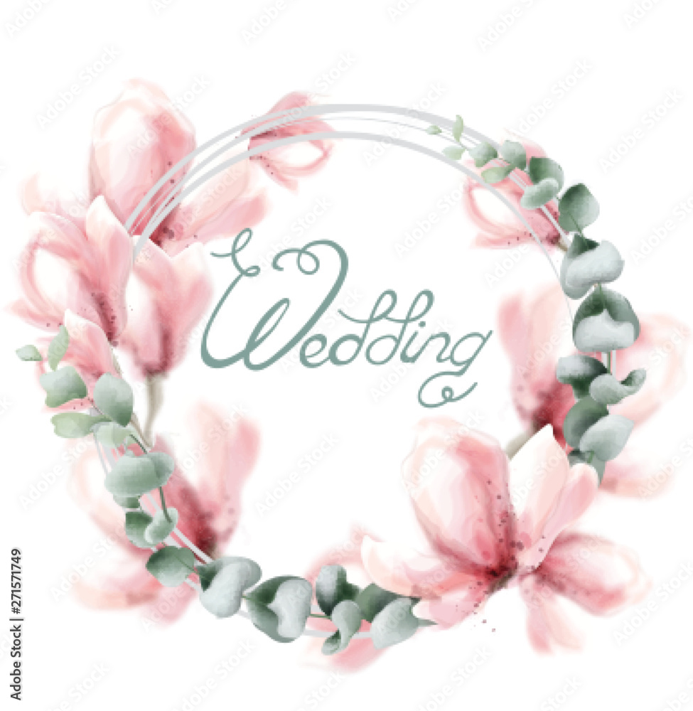 Wedding wreath with pink flowers Vector watercolor. Delicate floral frame decors