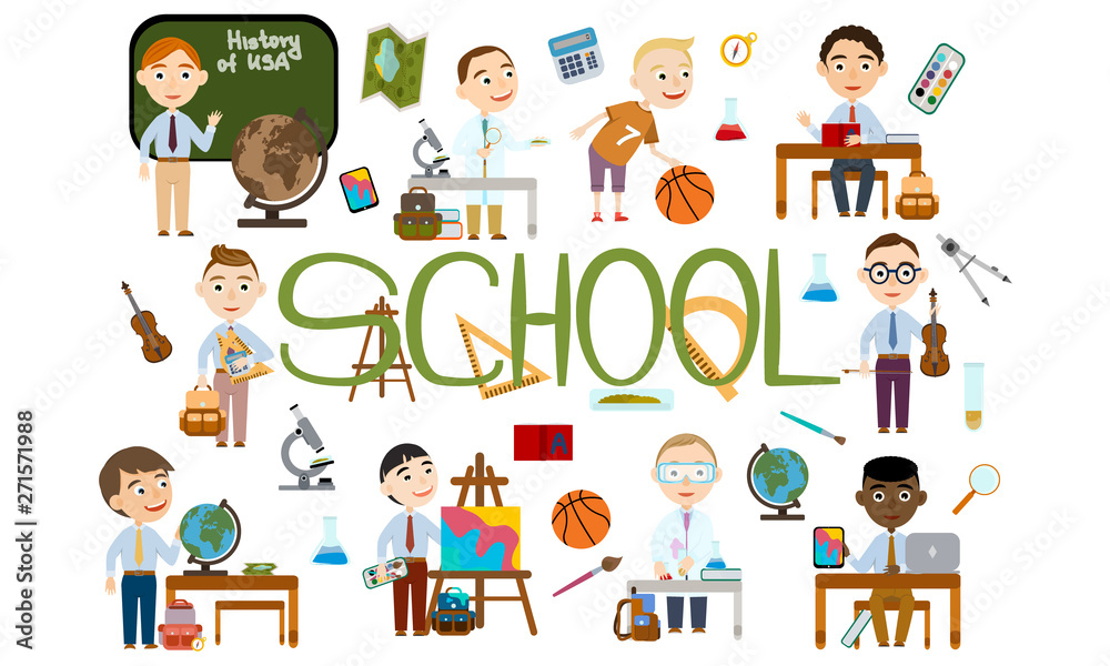 A set of boys at school. Student in different lessons: science, history, sports, art, maths, English, information technology, music. Conducting experiments. Cute Vector Illustration