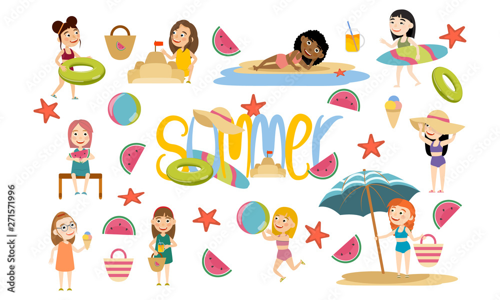 Set girls of different races in summer dresses and swimsuits in the summer. Beach relaxation and surfing. Vector illustration Set girls of different races in summer dresses and swimsuits in the summer. Beach relaxation and surfing. Vector illustration