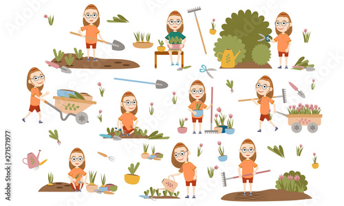 Set Girl in glasses gardening plants, weed beds, watering seedlings, pruning bushes and trees, working in the garden. People and garden tools. Vector illustration