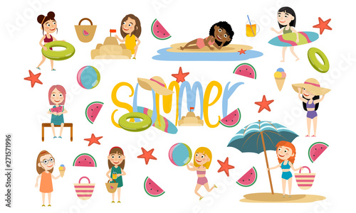 Set girls of different races in summer dresses and swimsuits in the summer. Beach relaxation and surfing. Vector illustration