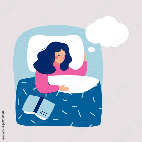 Woman sleeping at night in his bed and sees dream, in speech bubble. Human character Vector illustration.