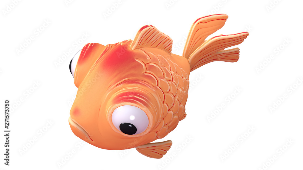 3d cartoon character of a spherical goldfish with big bulging eyes floating  in the air. Funny