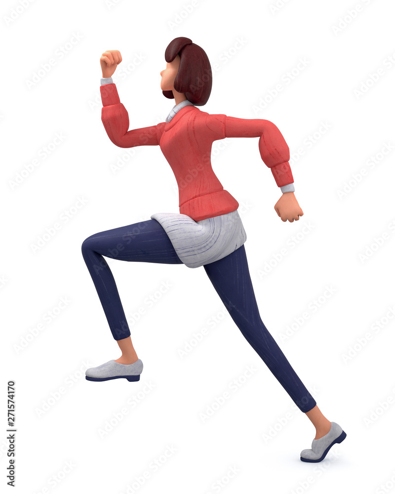 3d character of young cartoon stylized woman in red sweater with white blue striped shirt and blue jeans running fast on white background. 3d illustration of successful brunette girl, business growth. 3d character of young cartoon stylized woman in red sweater with white blue striped shirt and blue jeans running fast on white background. 3d illustration of successful brunette girl, business growth.