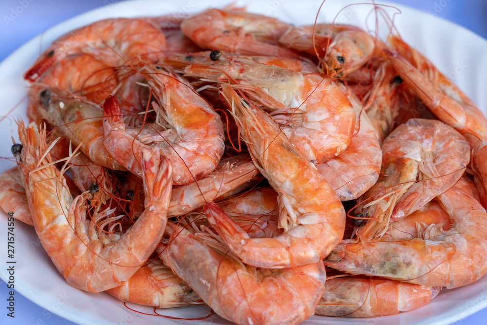 Boiled shrimp for sale in the street market in Bangkok, Thailand. Closeup