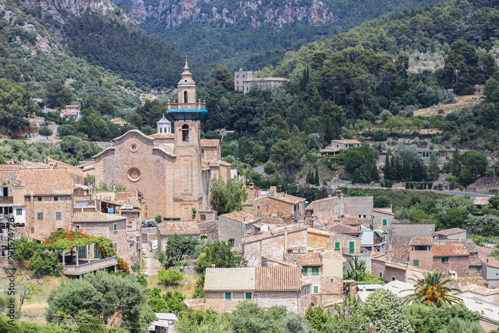 View of stone buildings of Valldemossa village, Mallorca, Balearic islands, Spain