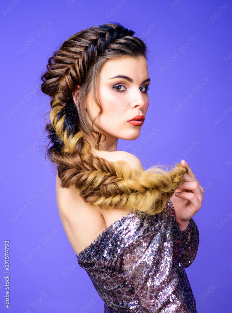 Beautiful young woman with modern hairstyle. Beauty salon hairdresser art.  Girl makeup face braided long hair. French braid. Professional hair care  and creating hairstyle. Braided hairstyle Stock Photo | Adobe Stock