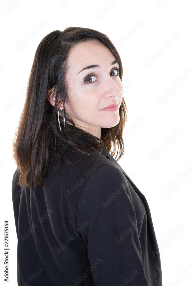 rear view back side charming business woman portrait on a white background rear view back side charming business woman portrait on a white background