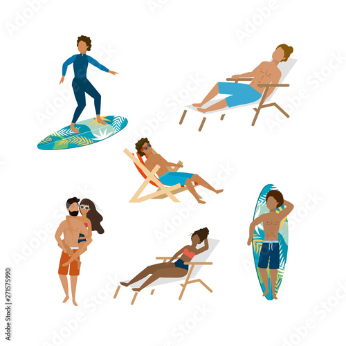 set of women and men wearing bathing shorts and swimsuit with surfboard and tanning chair