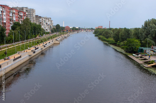 Cityview of the Pregolya River and the embankment of Admiral Tributs in center of Kaliningrad (former Konigsberg), Russia.