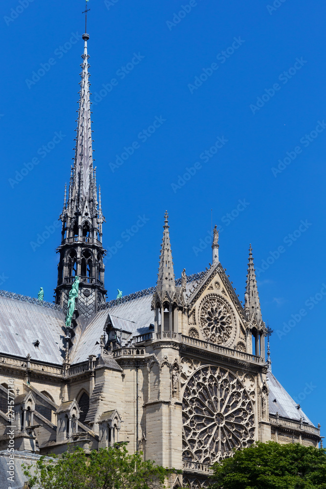 View of the original Notre-Dame de Paris church (before the fire lit up in april 2019). Is a medieval Catholic cathedral and is considered to be one of the finest example of French Gothic architecture