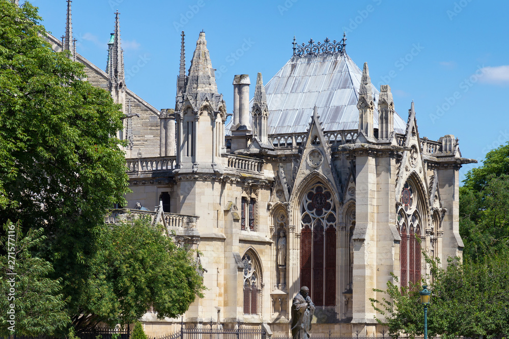 View of the original Notre-Dame de Paris church (before the fire lit up in april 2019). Is a medieval Catholic cathedral and is considered to be one of the finest example of French Gothic architecture View of the original Notre-Dame de Paris church (before the fire lit up in april 2019). Is a medieval Catholic cathedral and is considered to be one of the finest example of French Gothic architecture
