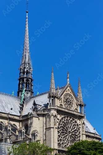 View of the original Notre-Dame de Paris church (before the fire lit up in april 2019). Is a medieval Catholic cathedral and is considered to be one of the finest example of French Gothic architecture