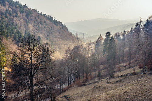 Aerial view from path to Great Owl mountain in Owl Mountains Landscape Park, protected area in Lower Silesia Province of Poland