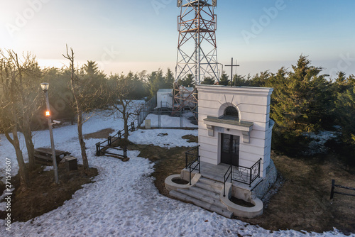 Small chapel on Great Owl mountain peak in Owl Mountains Landscape Park, protected area in Lower Silesia Province of Poland