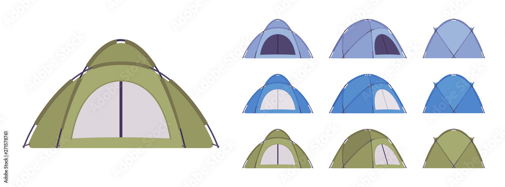 Dome tent set. Outdoor active sport and camping, sun shelter for travel, fishing or picnic equipment. Vector flat style cartoon illustration isolated on white background, different views and color Dome tent set. Outdoor active sport and camping, sun shelter for travel, fishing or picnic equipment. Vector flat style cartoon illustration isolated on white background, different views and color