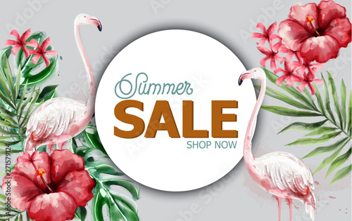 Summer tropic flowers and flamingo card Vector watercolor. Holiday poster. Sa...