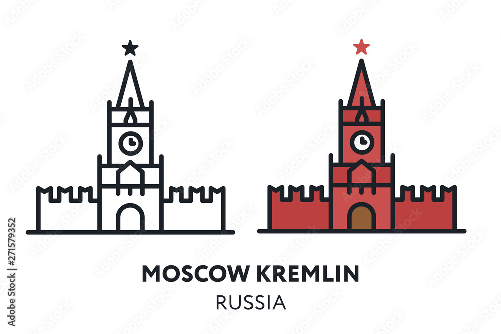 Moscow Kremlin Building. Russia Landmark Sight. Vector Flat Line Icon Illustration.