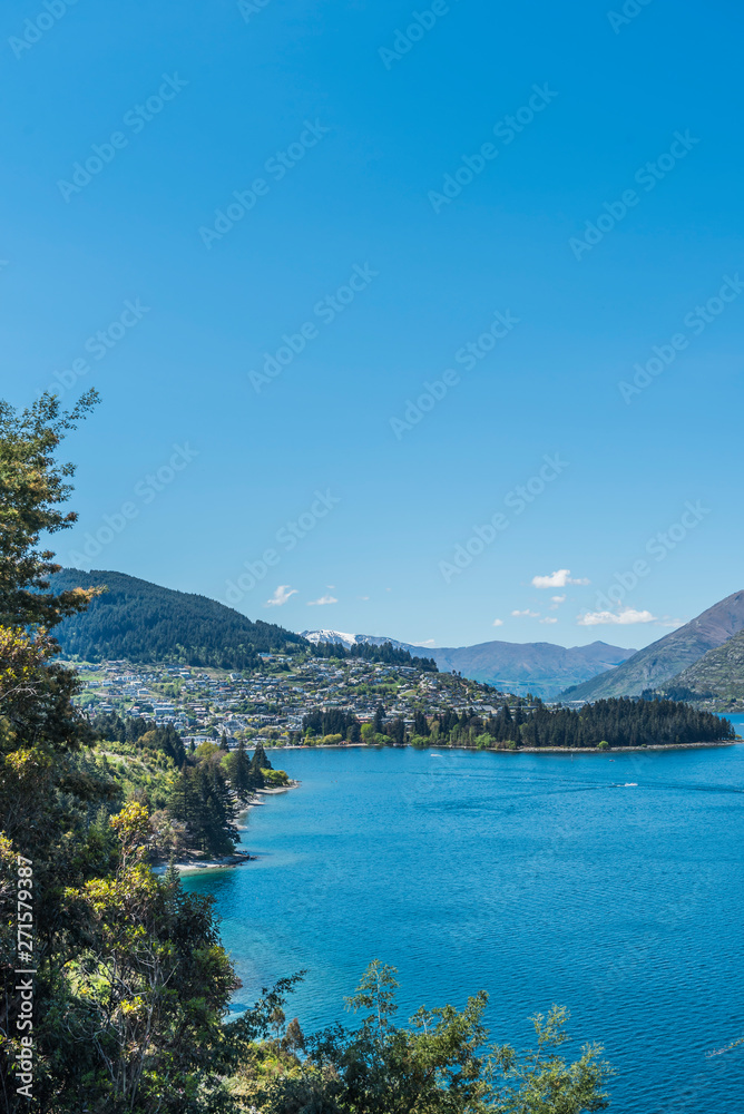 Fototapeta premium View of the landscape of the lake Wakatipu, Queenstown, New Zealand. Copy space for text. Vertical.
