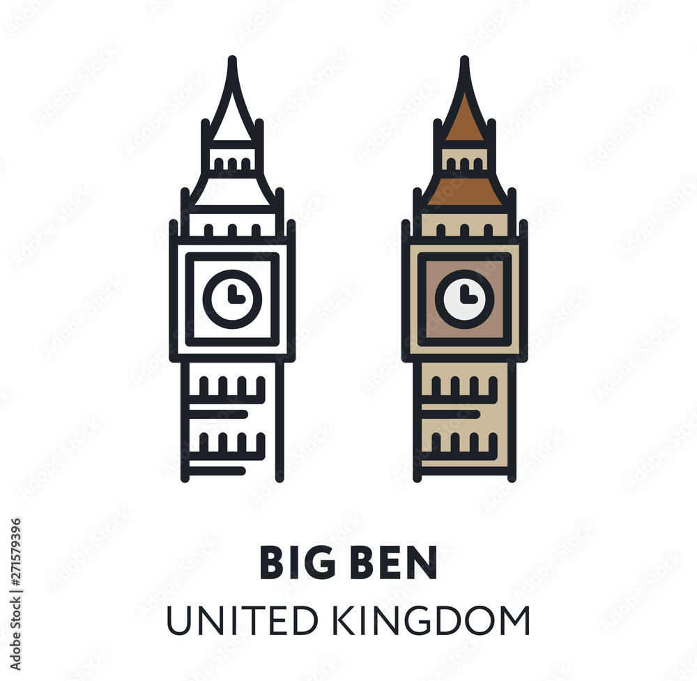 Big Ben Clocks London England Landmark Sight. Vector Flat Line Icon Illustration. Big Ben Clocks London England Landmark Sight. Vector Flat Line Icon Illustration.