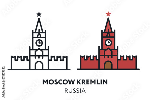 Moscow Kremlin Building. Russia Landmark Sight. Vector Flat Line Icon Illustration.