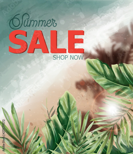 Summer tropic seaside Vector watercolor. Sea cost and palm trees. Holiday pos...