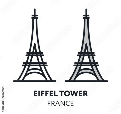 Eiffel Tower. France Paris Landmark Sight Vector Flat Line Icon Illustration.
