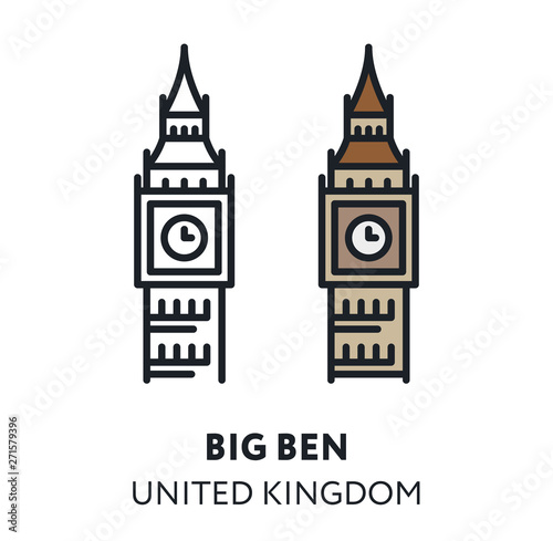 Big Ben Clocks London England Landmark Sight. Vector Flat Line Icon Illustration.