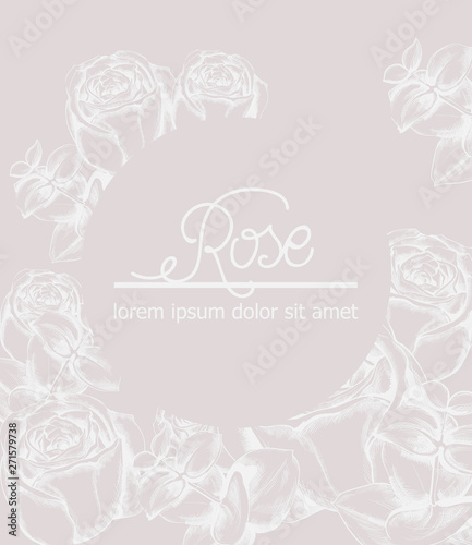 Vintage roses wreath card Vector line art. Boho style posters. Pink colors