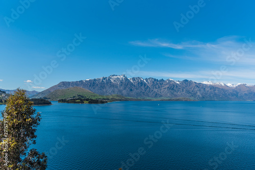 View of the landscape of the lake Wakatipu  Queenstown  New Zealand. Copy space for text.