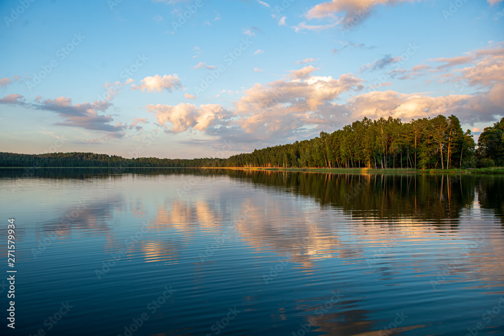 Fototapeta premium beautiful evening by the lake with sun in the trees