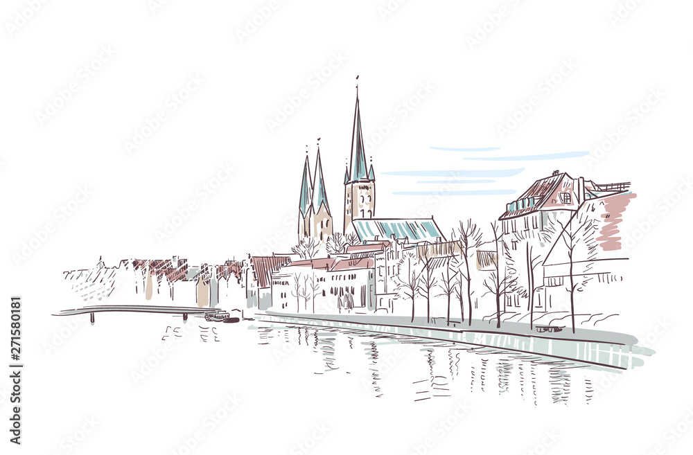 Fototapeta premium German antient city view vector sketch illustration