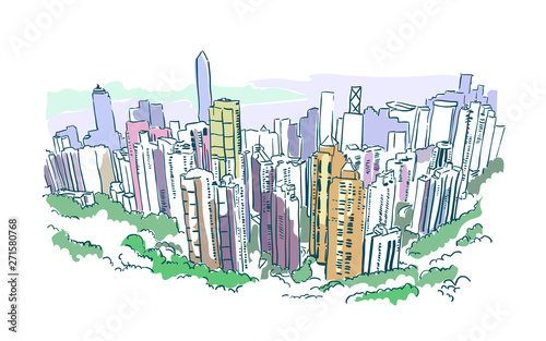 hong kong vector illustration skyscraper sketch watercolor